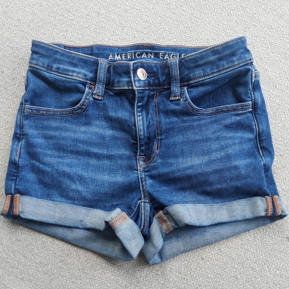 American Eagle Shorts Women Size 0 Blue Denim Cuffed Mid Rise Stretch Casual